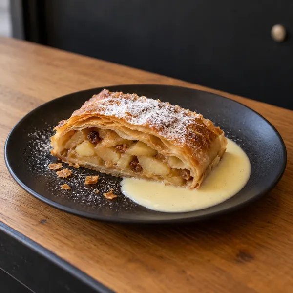 Apfelstrudel mit Puderzucker und Vanillesauce