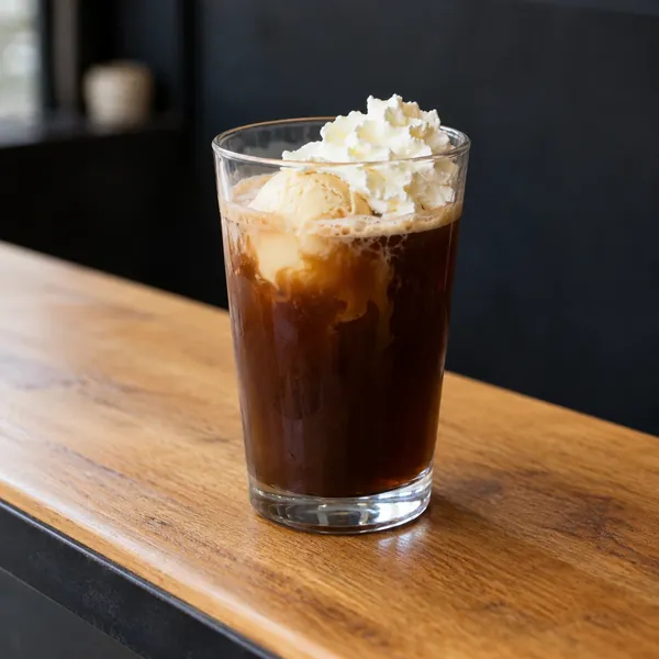 Eiskaffee im hohen Glas mit Eis und Sahnehaube