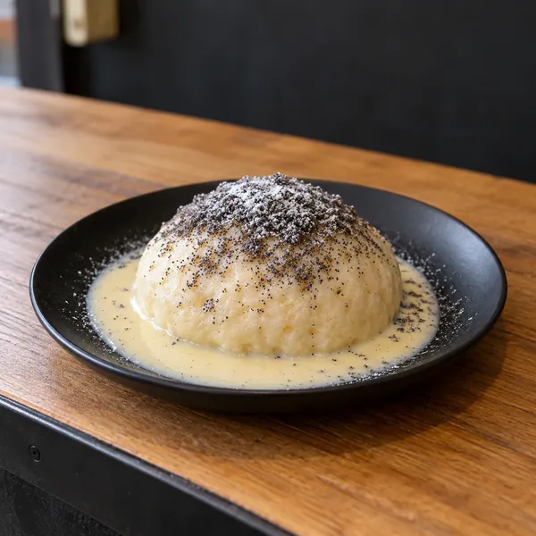Germknödel mit Vanillesauce und Mohn auf einem dunklen Teller