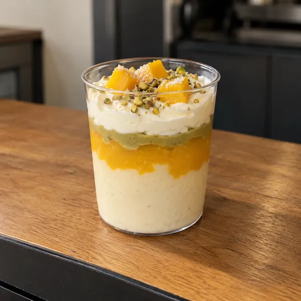 Geschichteter Grießbreibecher mit gelbem Fruchttopping und Pistazien