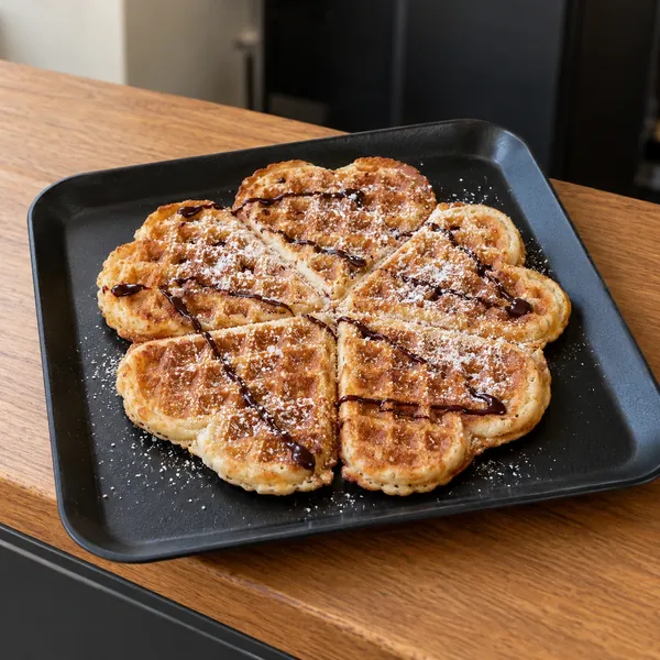 Herzwaffel mit Puderzucker und Schokoladensauce auf einem schwarzen Teller