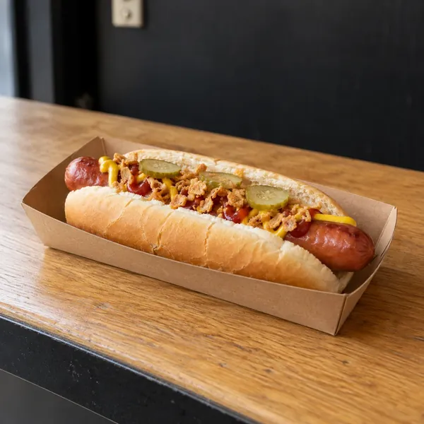 Hot Dog im Brötchen mit Gurkenscheiben, Röstzwiebeln und Saucen