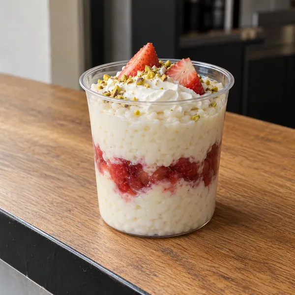 Milchreisbecher mit Fruchtschicht, Erdbeere und Pistazientopping